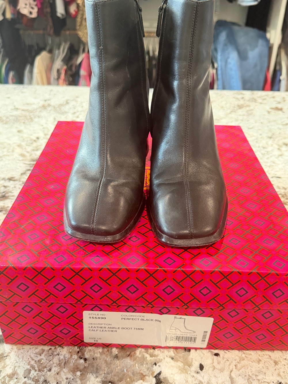 Tory Burch Black Leather Square-Toe Ankle Booties